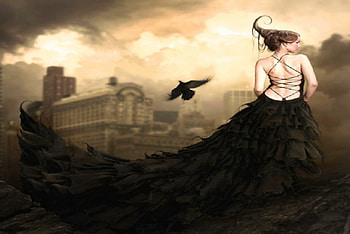 Crow City, black dress, crow, city, woman HD wallpaper