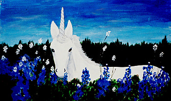 Unicorn Of Blue Flowers, night, horse, feild, other, blue flowers, 3d, fantasy, unicorn, sky HD wallpaper