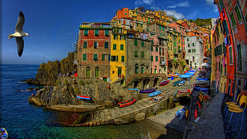 Riomaggiore,Cinque Terre,Italy, sea, birds, sailing, italy, nature, sailboat, houses HD wallpaper