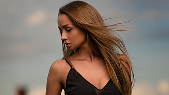 Girl Black Dress Closed Eyes Windy Weather , black-dress, girls, model HD wallpaper