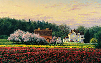 Spring Morning, flowers, house, artwork, painting, landscape, trees HD wallpaper