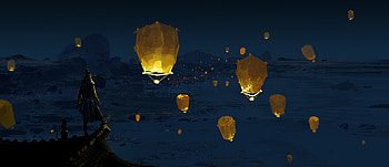 Lanterns, night, art, man, cat, dark, gui yuan, fantasy, pisici, yellow, luminos, lantern HD wallpaper