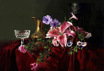 Day lily still-life , dark, lily, table, still-life, graphy, decanter, pink, pretty, abstract, red, glass, flowers, cloth HD wallpaper
