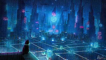 Art, City, Cat, Cyberpunk, Megalopolis, Megapolis, Roof, Future, Neon Lights HD wallpaper