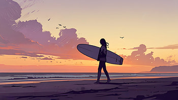 Surfer Girl Paradise Sunset Beach, anime-girl, sunset, beach, sky, sea, clouds, artist, artwork, art, digital-art, ai, deviantart HD wallpaper