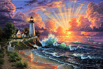 Sunset, sea, lighthouse, art, abraham hunter, summer, painting, pictura, water, vara, wave HD wallpaper