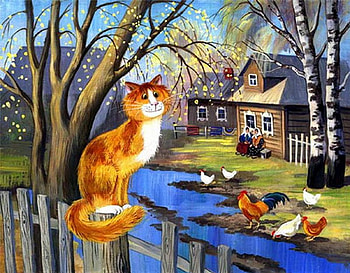 Posing near my house, kitten, river, painting, art, house, cat, pet HD wallpaper