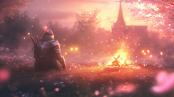 Fantasy Knight by the Bonfire:, knight, medieval, bonfire, cherry blossom, fantasy landscape HD wallpaper