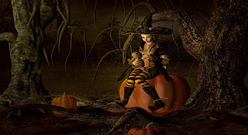 The Little Witch, pumpkin, girl, doll, fantasy HD wallpaper