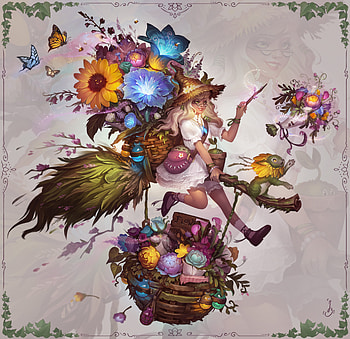 Flower delivery witch, jenny brozek, fantasy, art, flower, girl, luminos, hat, witch HD wallpaper
