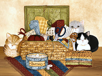 Cute as a Button F, animal, art, cats, feline, beautiful, kittens, basket, artwork, wide screen, buttons, painting, pets, gingham, cloth HD wallpaper