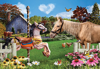 The New Kid, house, poultry, horse, painting, trees, flowers, meadow HD wallpaper