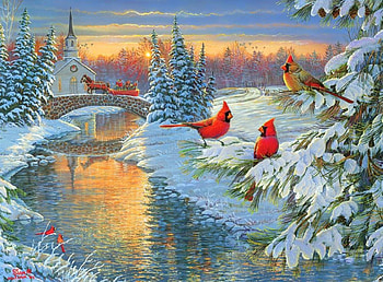 Holidays Crossing, holidays, winter, crossing, horse carriage, paintings, sunrise, love four seasons, Christmas, xmas and new year, bridges, rivers, cardinals HD wallpaper