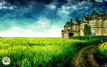Landscape, Houses, Grass, Sky, Art, Architecture HD wallpaper