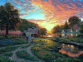 Way home at sunset, way home, colors, houses, beauty, vegetation, painting, trees, road, art, lake, summer, landscapes, family, clouds, nature, sky, flowers, countryside HD wallpaper
