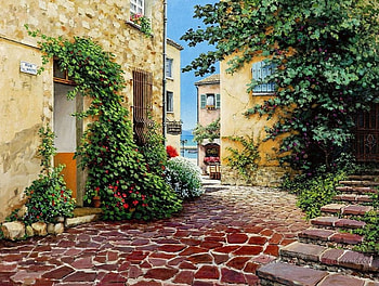 Rue Anette, artwork, stairs, painting, path, flowers, houses HD wallpaper