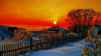 Winter Sunset, winter, snow, trees, landscape, colors, sky, sun, fiery HD wallpaper