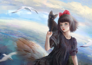 Kiki, frumusete, black, art, gorgeous, girl, cat, user 23385, witch, superb, fantasy, luminos HD wallpaper