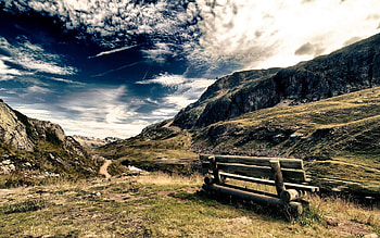 Nature, Sky, Mountains, Clouds, Color, Colors, Bench, Paints, Air HD wallpaper