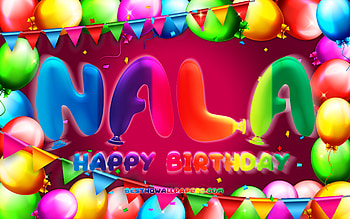 Happy Birtay Nala, , colorful balloon frame, Nala name, purple background, Nala Happy Birtay, Nala Birtay, popular american female names, Birtay concept, Nala HD wallpaper