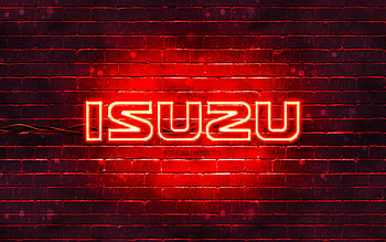 Isuzu red logo, , red brickwall, Isuzu logo, cars brands, Isuzu neon logo, Isuzu HD wallpaper