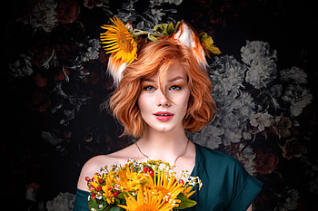 Fox girl, anastasia zhilina, flower, ears, redhead, aleksandr chuprina, girl, fox, model, orange, yellow HD wallpaper