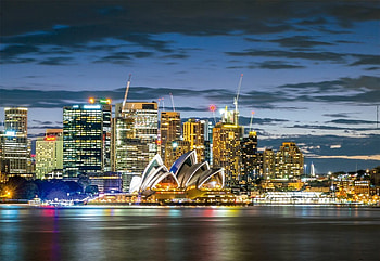 Sydney City in Twilight, sea, buildings, australia, opera, clouds, sky, harbor, evening HD wallpaper