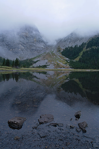 Nature, Trees, Stones, Mountains, Lake, Fog HD phone wallpaper