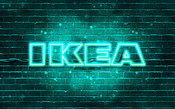 IKEA turquoise logo, , turquoise brickwall, IKEA logo, brands, IKEA neon logo, IKEA HD wallpaper