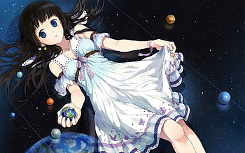 Cute Anime Girl Lying on Space Floor, cute anime girl, planets, blue eyes, ribbons, stars, black hair, dress, earth, outer space, lying on floor HD wallpaper