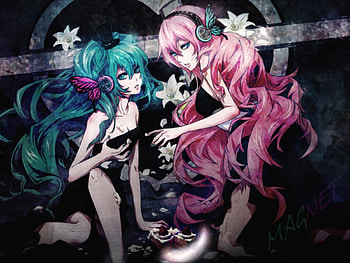 Hatsune Miku & Megurine Luka, blue, luka, song, heads, miku, music, hatsune, megurine luka, blue eyes, hatsune miku, twintail, magnet, blue hair, headset, pink hair, pink, megurine, flowers, heart HD wallpaper