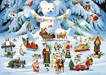 Jingle Bell Teddy & Friends, winter, holidays, Jingle, Friends, Charles Wysocki, Bell, painting, santas, Teddy HD wallpaper