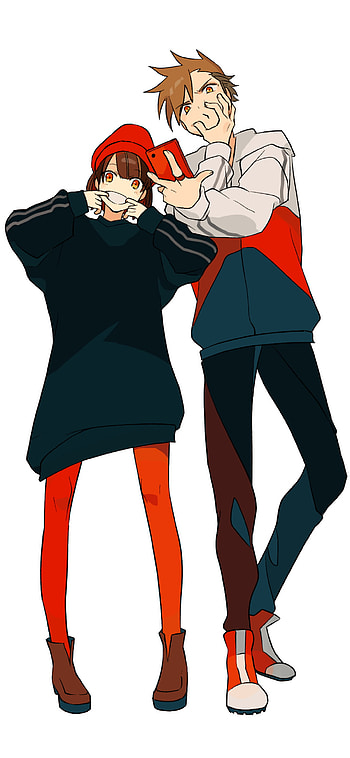 Red-Hat Selfie: Orange-Eyed Anime Couple, smart, hat, couple, brown hair, short hair, Anime, Original, anime couple HD phone wallpaper