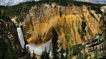 Grand Canyon of the Yellowstone, river, rainbow, waterfall, trees, sky, wyoming, usa HD wallpaper