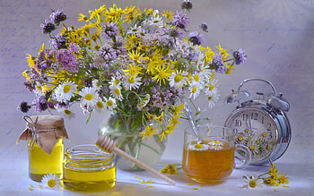 Still Life, tea, clock, flowers, honey HD wallpaper