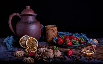 Still Life, fruit, walnut, strawberry HD wallpaper