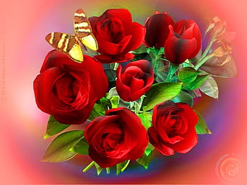 Sweet landing, bouquet, green leaves, roses, butterfly, red, yellow and brown HD wallpaper