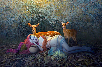 Sleeping Beauty, softnessl, peaceful, sleeping, lady, Sweet, fantasy, animals, deer, lovely, forest HD wallpaper