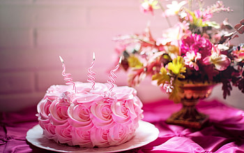 Birtay cake, sweet, pink, candle, flower, dessert, birtay, food, cake HD wallpaper