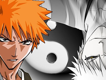 Yin & Yang, zangetsu, ichigo, orange hair, ichigo kurosaki, yin yang, bleach, anime, kurosaki ichigo, white hair, hollow ichigo, duo, hollow zangetsu, male, spiky hair HD wallpaper