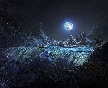 MOONLIGHT, NIGHT, SKY, WATERFALL, CLOUDS, OCEAN, SHIP, MOON HD wallpaper