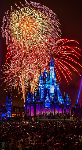 Disney castle fireworks , Magical atmosphere, Captivating visuals, Festive celebration HD phone wallpaper