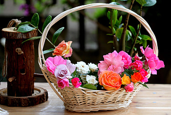 Flowers, Roses, Garden, Basket, Composition HD wallpaper