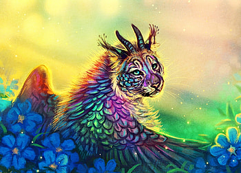 Think of me, blue, animal, angel, beauty, flower, wings, maquenda, art, horns, tiger, pink, fantasy, green, yellow, red, luminos HD wallpaper