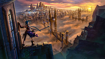 Arcane : Jinx Overlooking the Cityscape from League of Legends TV Show, Jinx (League Of Legends), TV Show, Arcane, Piltover (League Of Legends) HD wallpaper