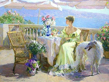 Lady with dog, dog, konstantin razumov, girl, woman, lady, painting, barzoi, pictura, luminos, terrace, caine HD wallpaper