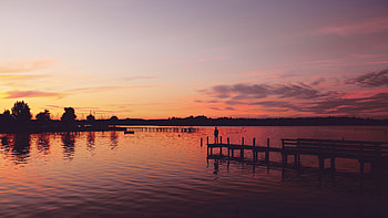 Nature, Sunset, Lake, Pier, Silhouette, Loneliness HD wallpaper