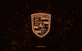 Porsche glitter logo, , black background, Porsche logo, orange glitter art, Porsche, creative art, Porsche orange glitter logo HD wallpaper