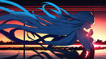 Anime Girl Azure Hair Dancing In The Wind, anime-girl, sunset, artist, artwork, art, digital-art, ai, deviantart HD wallpaper