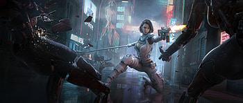 Cyberpunk Girl Hitting Man With Gun, artist, artwork, artstation, cyberpunk HD wallpaper